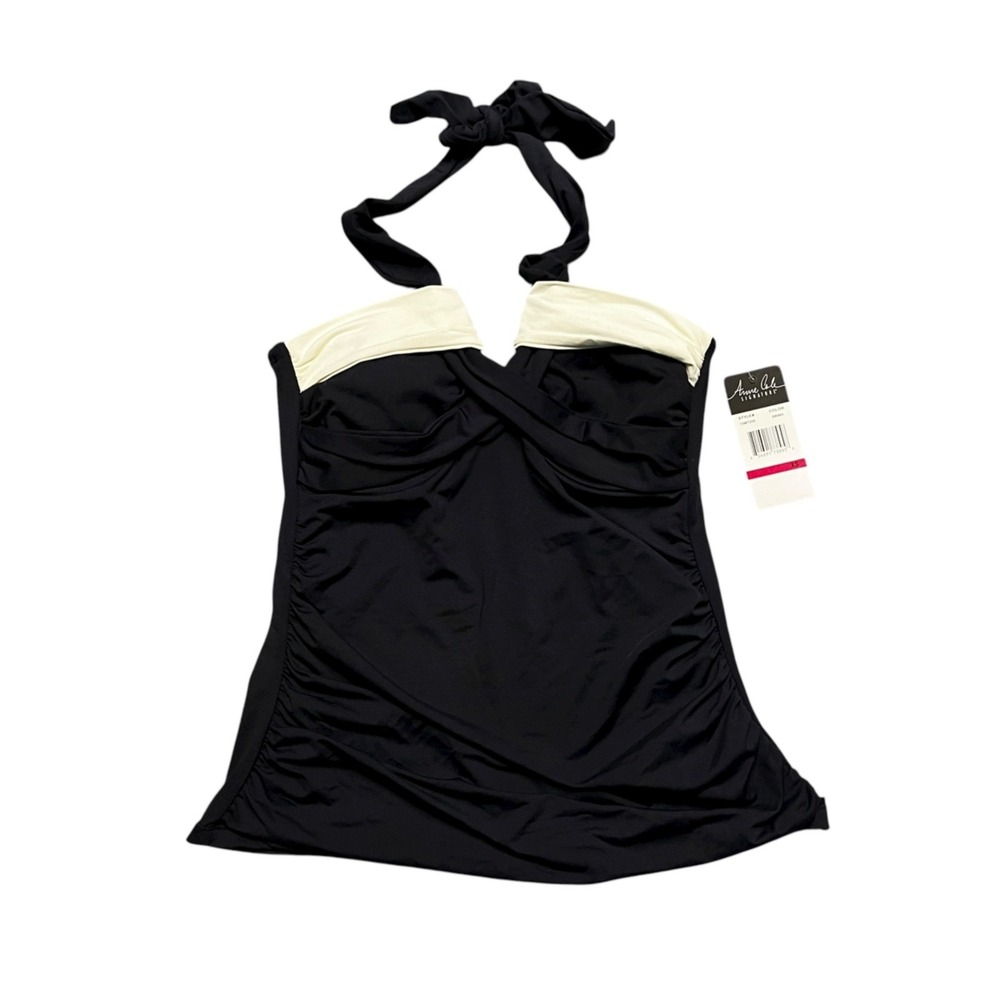 Anne Cole Tankini Swim Top Womens XS Black White‎ V Neck Tie Neck NEW